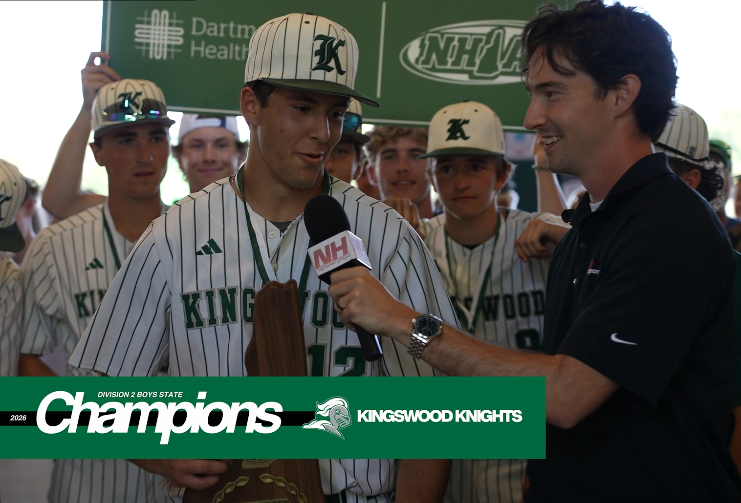 Berkley Stevens interviewing the Kingswood Knights after their NHIAA Division 2 baseball state championship